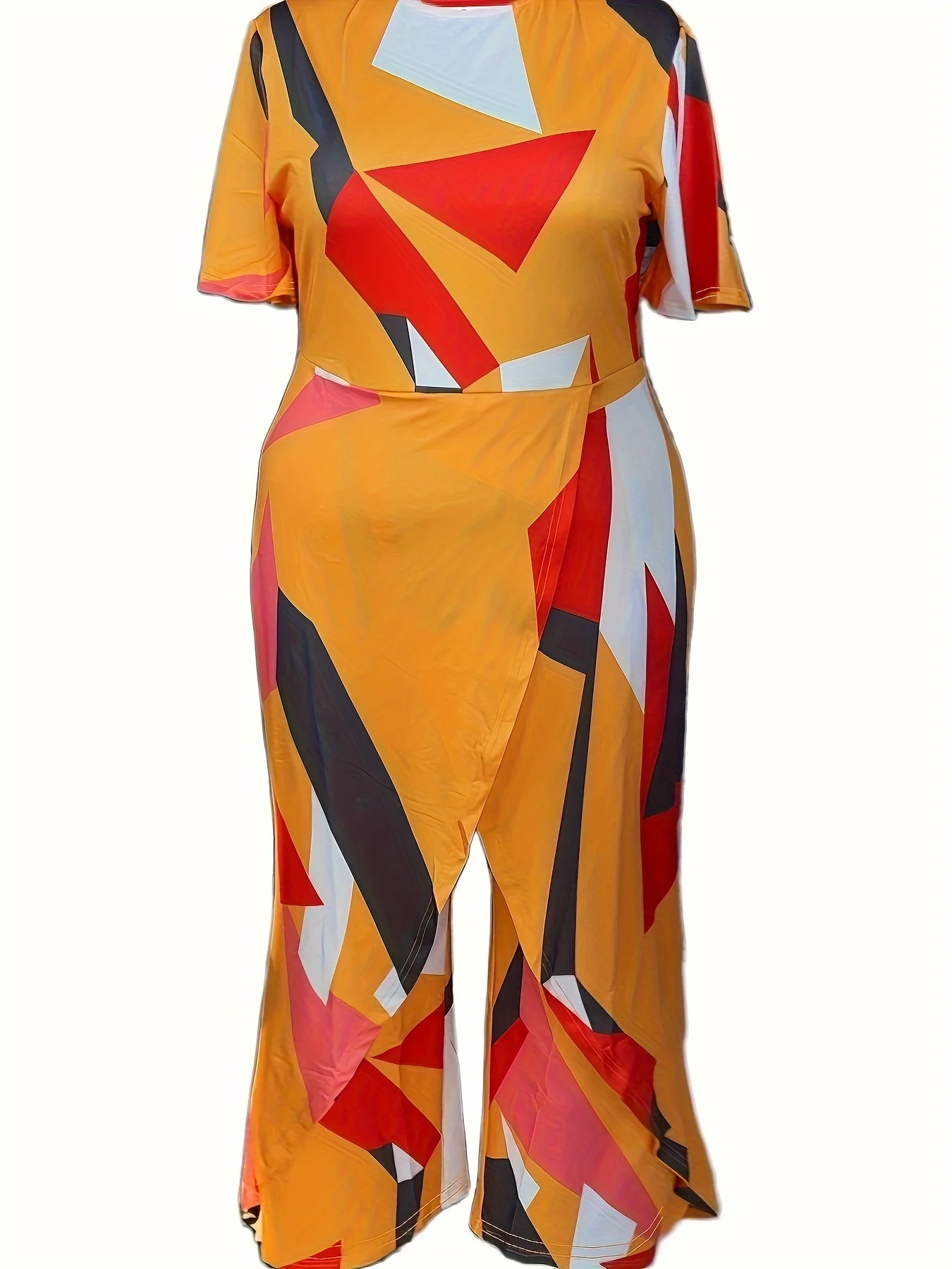 Plus Size Colorful Geometric Print Jumpsuit Casual Short Sleeve Split Wide Leg Jumpsuit Women\'s Plus Size Clothing