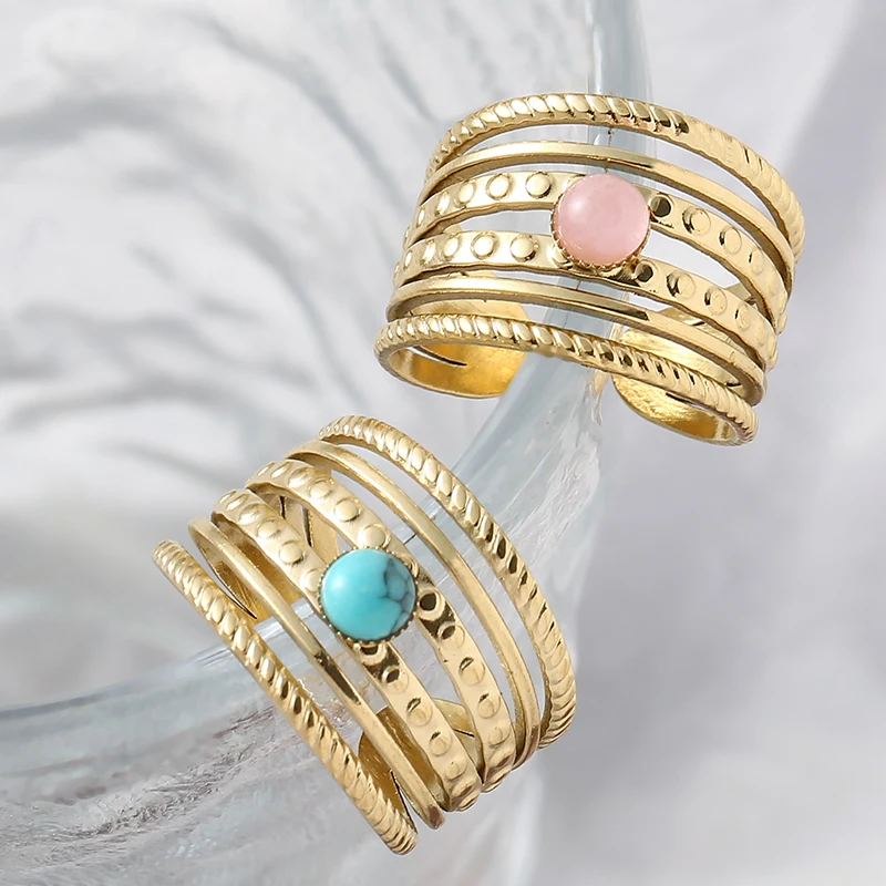

Stainless Steel Rings for Women Multi-layer Wide Version Hollow-out Inlaid Natural Stone Jewelry Women's Ring Wholesale