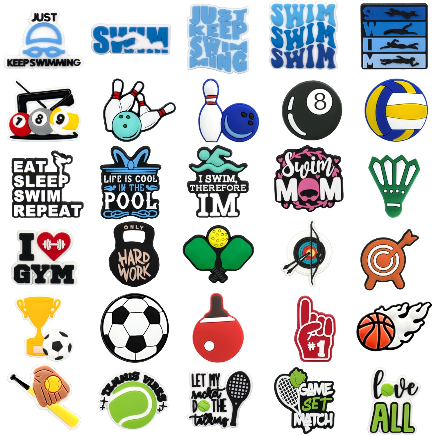 1/30/90pcs  Swimming Sport Shoe Accessories Charms for Kids Tennis Volleyball Basketball Football Shoe Decoration Fits All Clogs