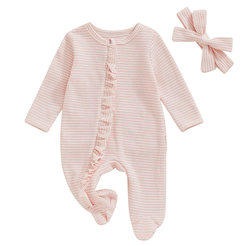 Citgeett Autumn Newborn Baby Girls Footies Rompers Stripe Print Ruffles Long Sleeve Jumpsuits Headband Fall Clothes