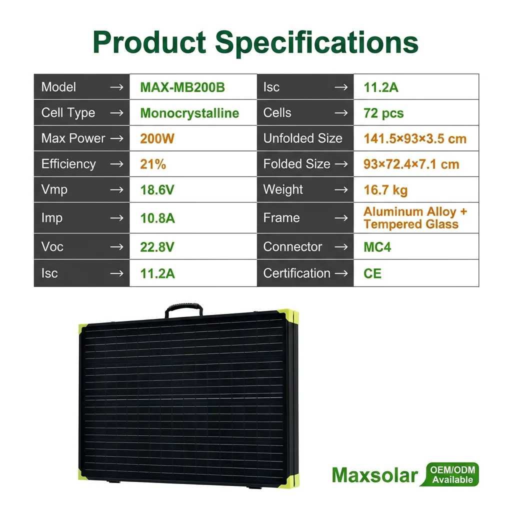 Foldable Solar Panels 200W Monocrystalline Solar Panel 21% High Efficiency Aluminum Frame Portable Solar Charger 1 Year CE