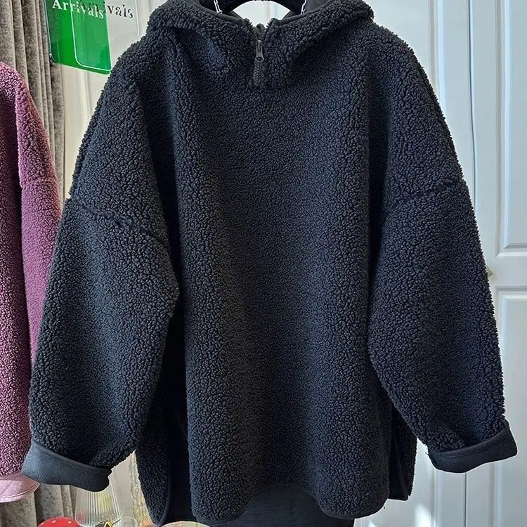 

Толстовка большого размера с капюшоном из овечьей шерсти на молнии, утепленная, с асимметричным подолом, осенне-зимняя куртка, молодежная модная повседневная одежда