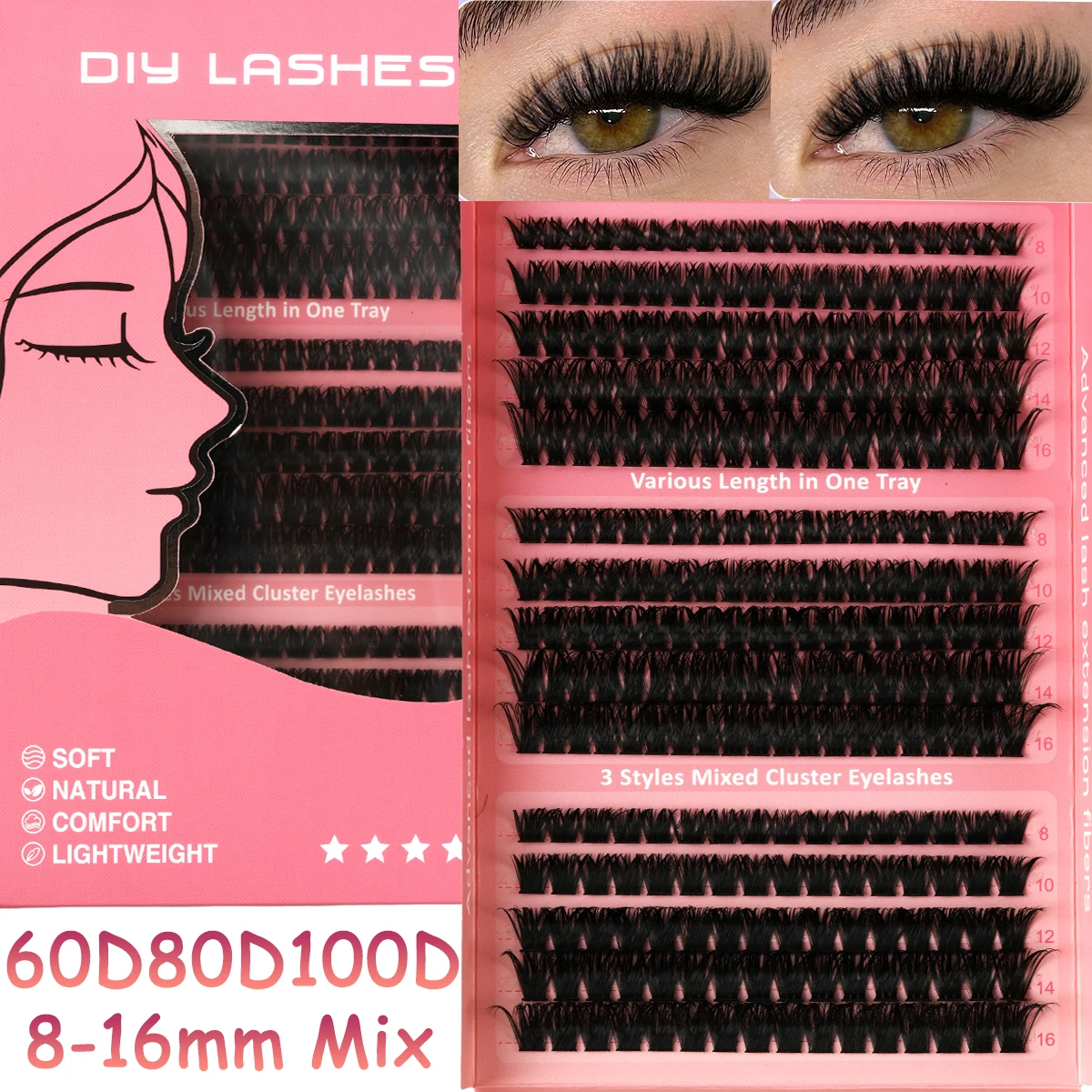 ขนตาปลอมแบบกลุ่ม DIY ใหม่ 60d80d100d 8-16 มม. 5D หนา นุ่ม แยกเส้น C/D15Rows ธรรมชาติ สำหรับแต่งหน้า