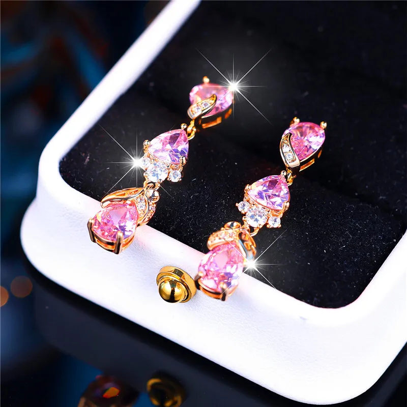 Luxury Female Pink Zircon Stone Clip Earrings Charm Gold Color Wedding Jewelry For Women