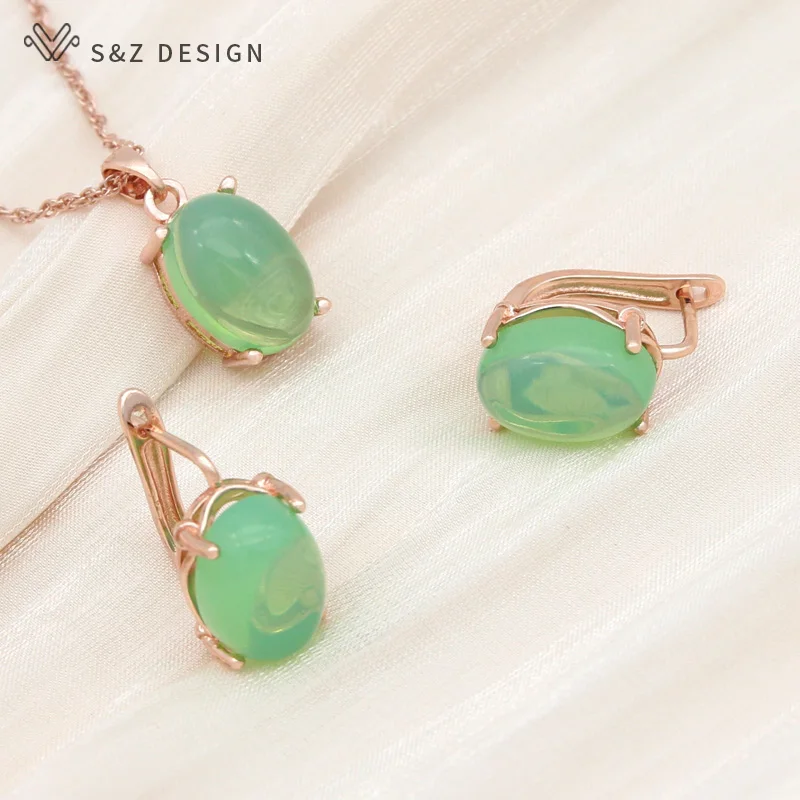 S&Z DESIGN New Fashion Egg Shape Oval Dangle Earrings Jewelry Sets For Women Wedding 585 Rose Gold Color Pendant Necklace