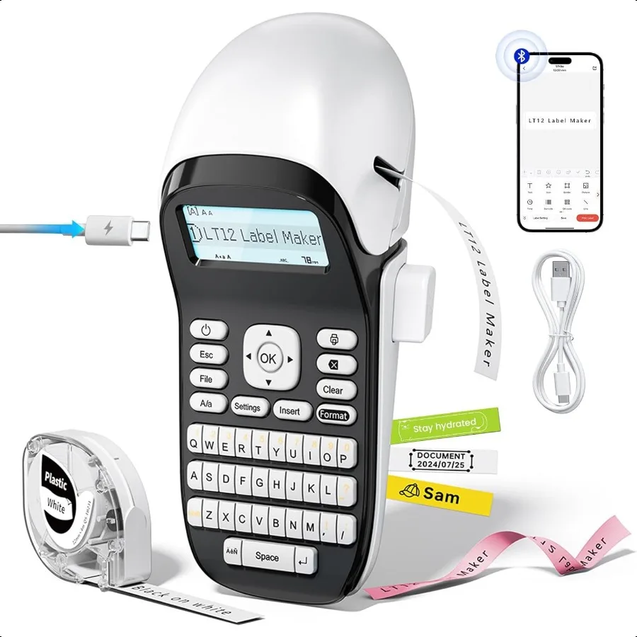 

LT12 Label Maker hine with Tape Rechargeable Label Makers with Waterproof Labels Portable Bluetooth Handheld Labeler with QWERT