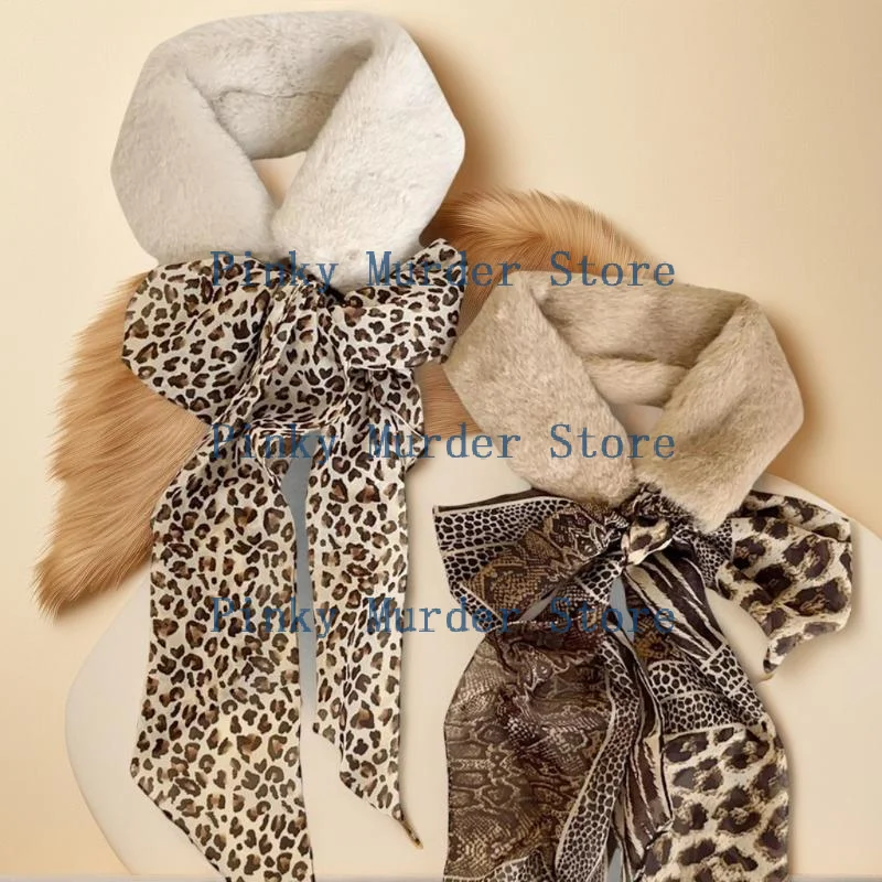 

(JYA2)Women Winter Furry Plush Scarf With Unique Silk Ribbon Patchwork Designs Stylish Versatile Warm Neck Protector