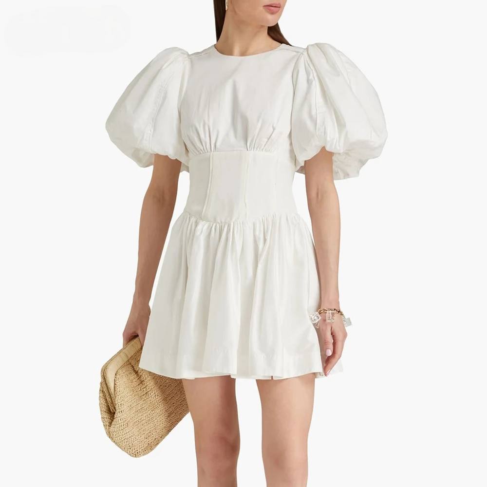 

Solid Runway Style Tunic Mini Dress For Women O Neck Puff Sleeve High Waist Patchwork Folds Dresses Female Fashion Clothes