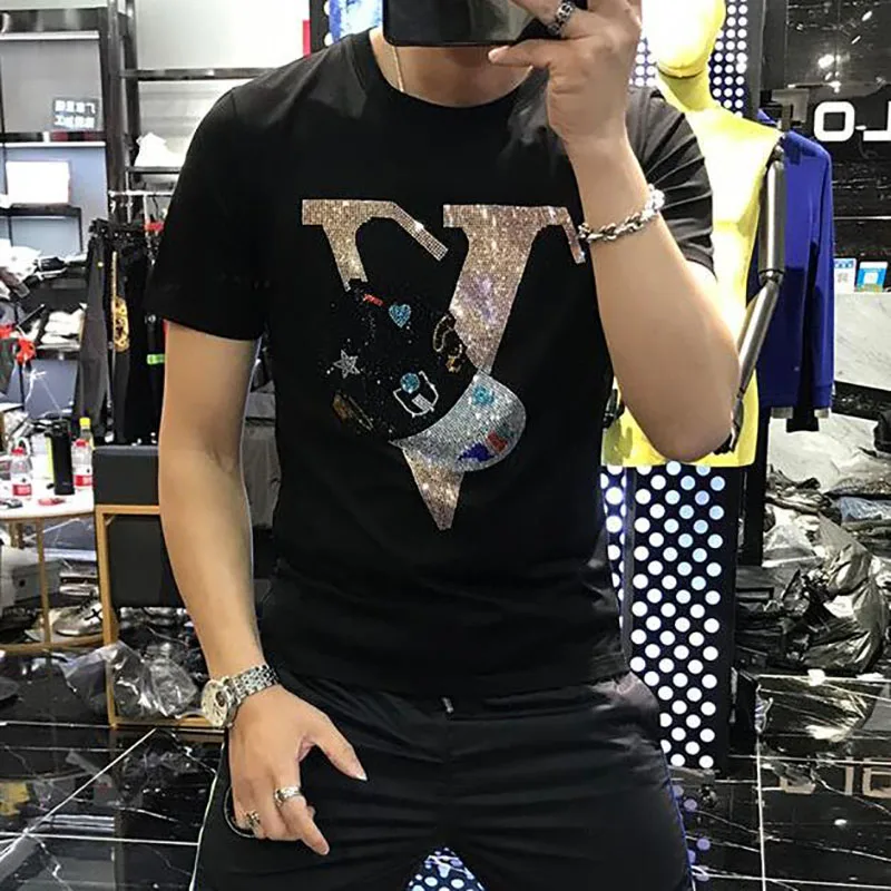 European style New Arrival Summer Men's Short Sleeve T-shirt  Hot Drilling Young Fit  Handsome Plus Size 5XL  090