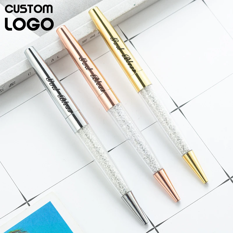 

New Customize Logo Engraved Name Rhinestone Pen Crystal Broken Diamond Metal Ballpoint Pen Office Birthday Gifts School Supplies