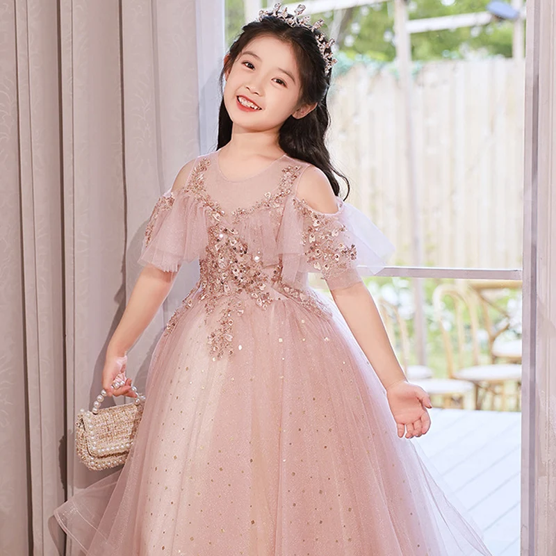 Flower Boy New Dress High end Luxury Sequins Party Dress Wedding Party Girl Party Prom Formal Host Piano Performance Dress