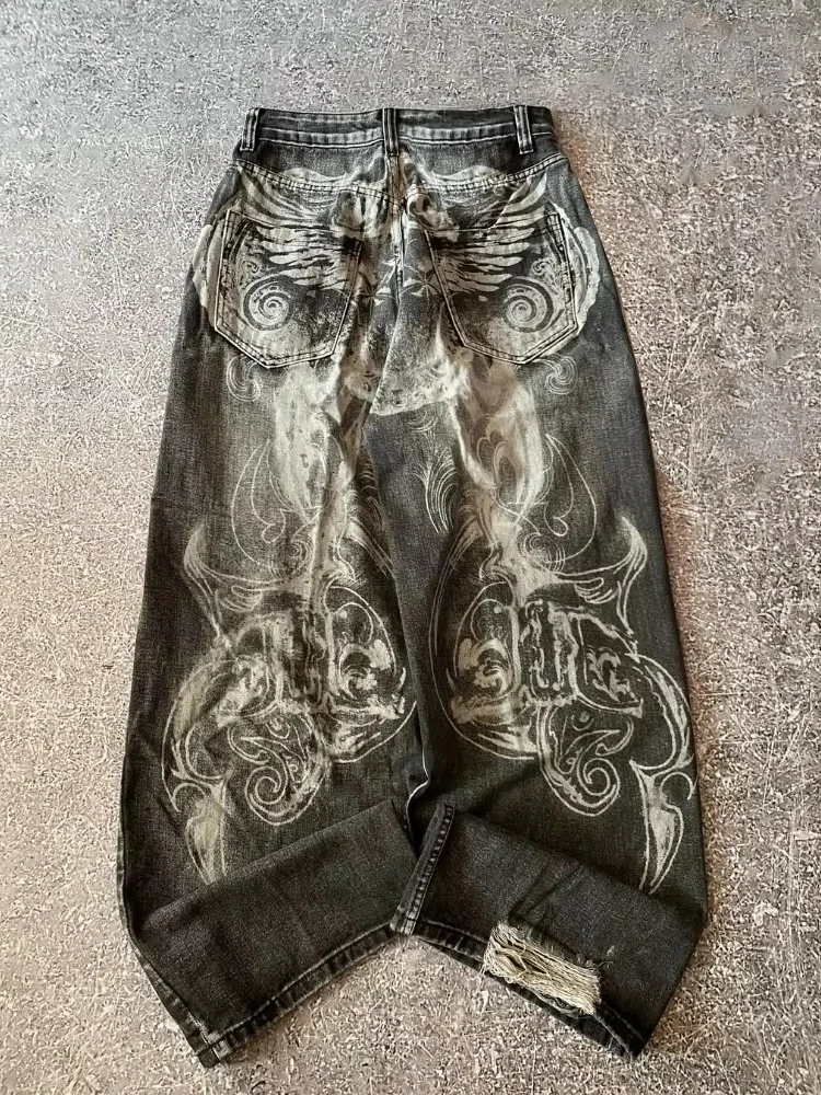 Y2K American Women Jeans High Street Vintage Gothic Print Hip Hop Fashion Casual Couple Wide-leg Pants Unisex Punk Work Pants