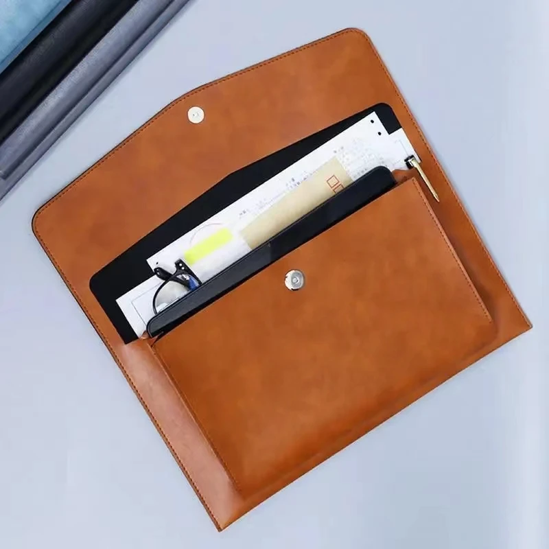 Paper File Folders PU Leather Double Layer Envelope  Case Waterproof Data File Bag Laptop Protective Cover Office Supplier
