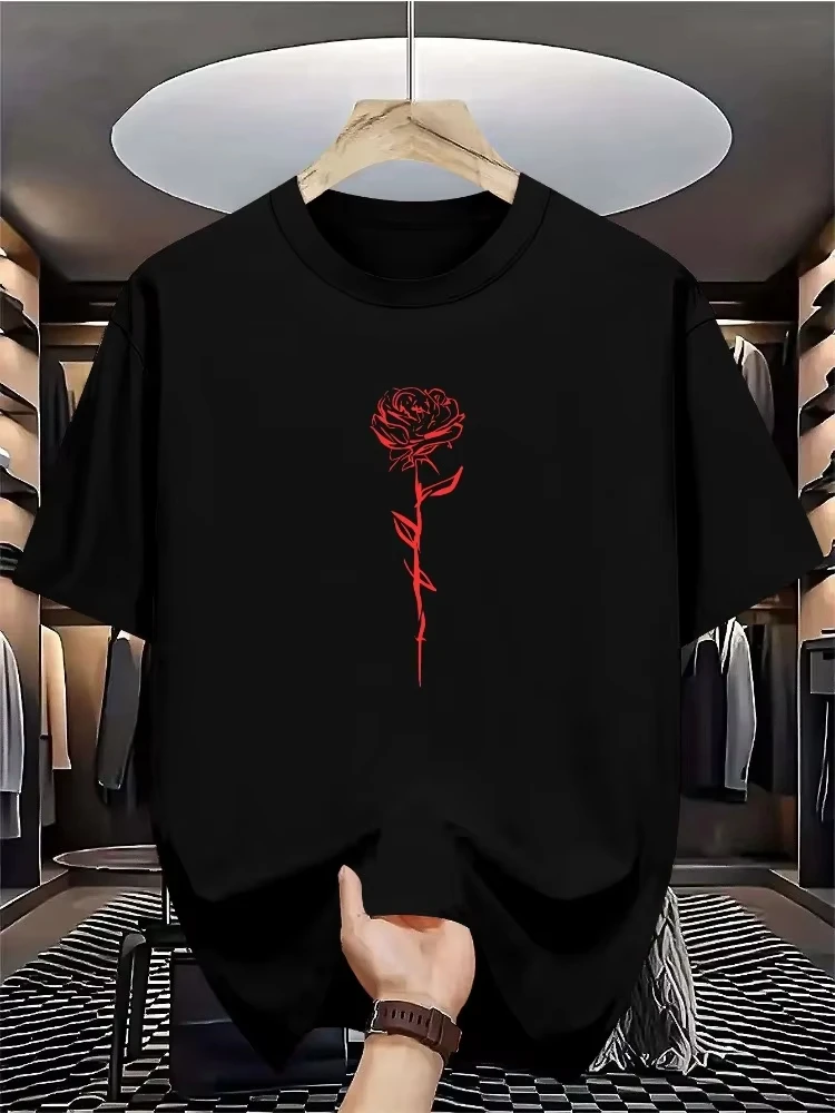 Men Summer White Short Sleeve T Shirt Minimal Red Line Art Rose Graphic Crew Neck Loose Casual Streetwear Daily Fashio Mens Tops