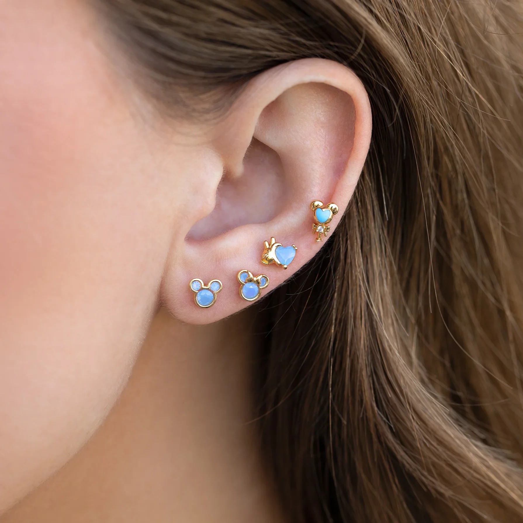 MIGGA 4pcs Cute Pink/Blue Cubic Zircon Cartoon Stud Earrings Set Gold Color Women Girls Gift Jewelry