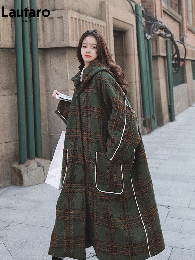 Lautaro Autumn Winter Long Oversized Warm White Patchwork Plaid Wool Blends Trench Coats Women with Hood Runway Korean Fashion