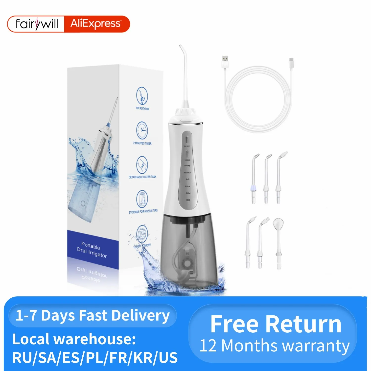 Fairywill Portable Oral Irrigator Water Flosser 5 Modes Dental Water Jets Large Capacity Water Tank Dental Cleaner Usb Cable