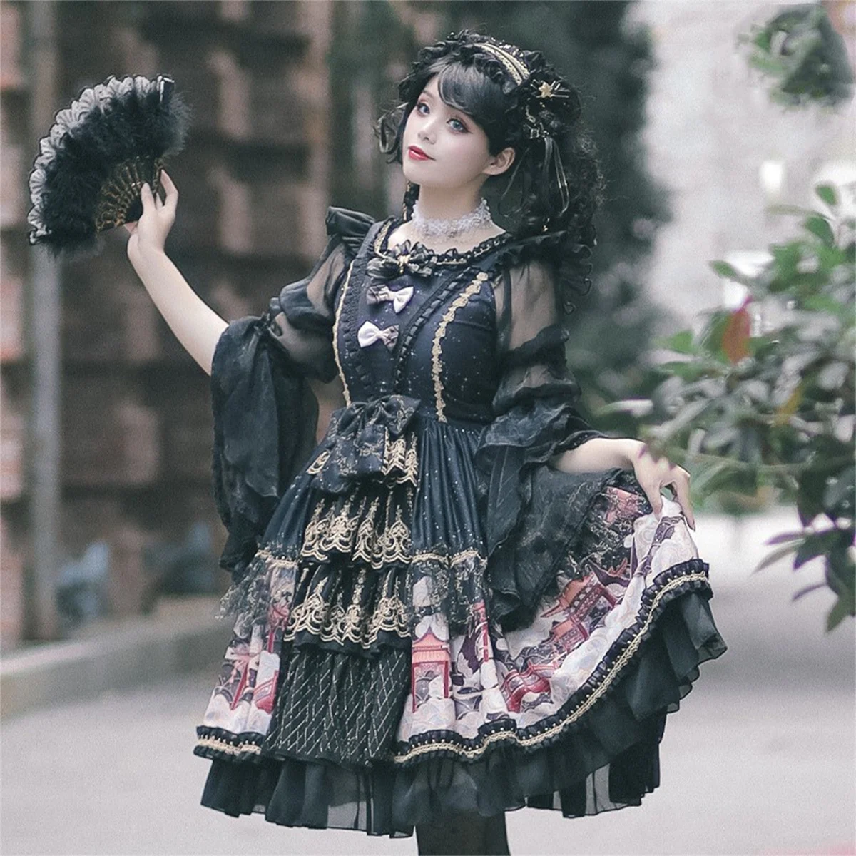 Chinesischen Retro Stil Lolita Op Süße Mädchen Cosplay Elegante Drucken Wolke Kran Holz Brücke Spitze Mesh Bogen Puff Hülse Tunika kleid