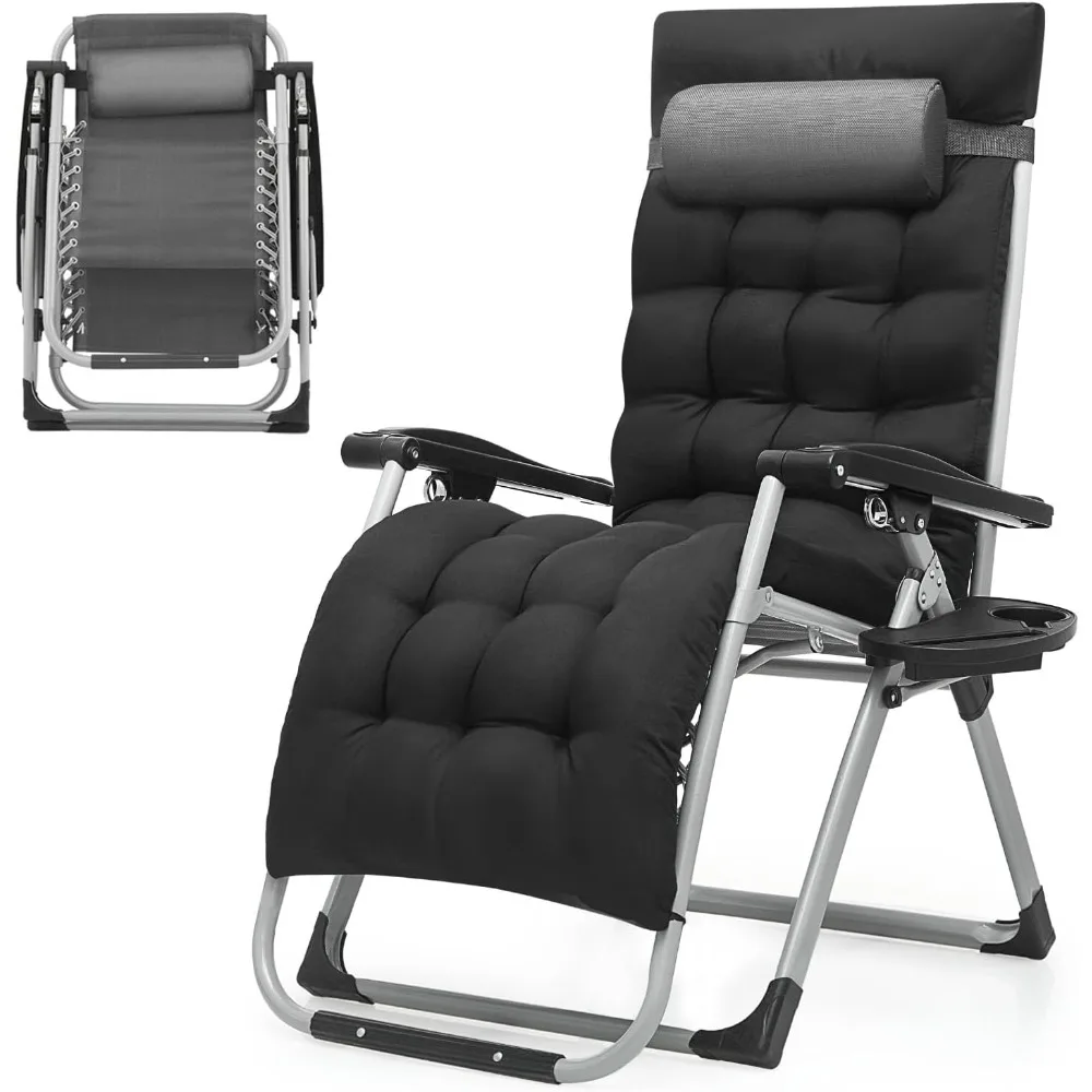 

Portable Folding Reclining Lounge Chairs with Adjustable Cushion and Cup Holder Trays for Outdoor, Patio, Beach, Camping