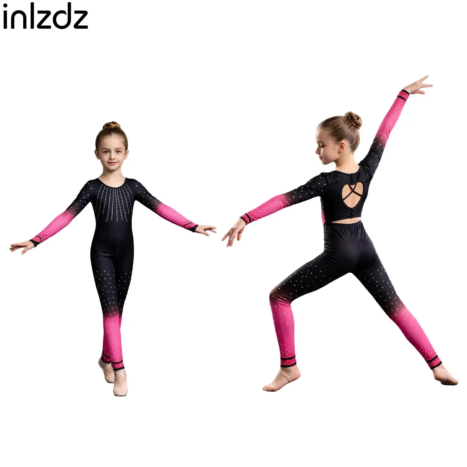 

Dots Print Long Sleeve Gymnastics Lyrical Dance Jumpsuit for Girls Cross Cutout Back Full Length Yoga Sports Bodysuit Costume