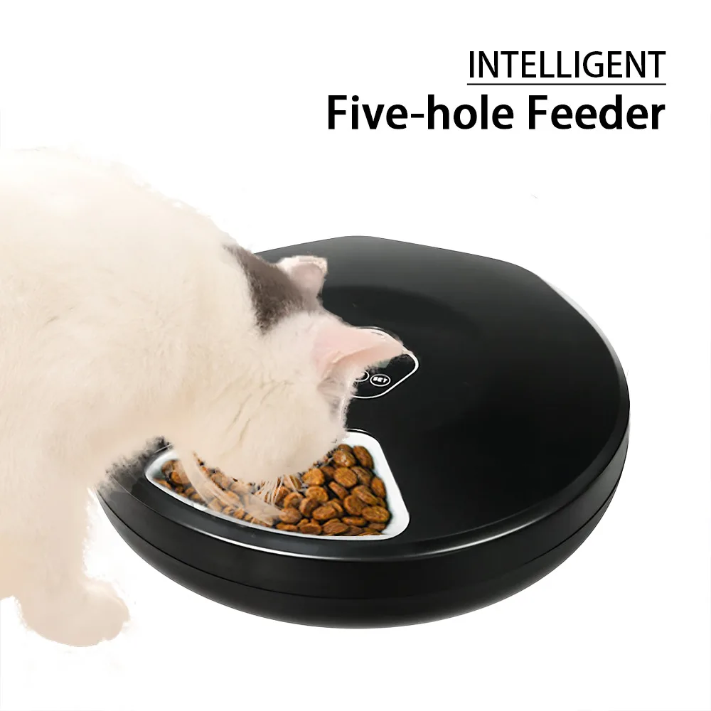 

Pet Automatic Feeder 5-Meal Timer Dispenser Wet/Dry for Cat/Dog Intelligent Rechargeable Foods Container with 2 Ice Packs