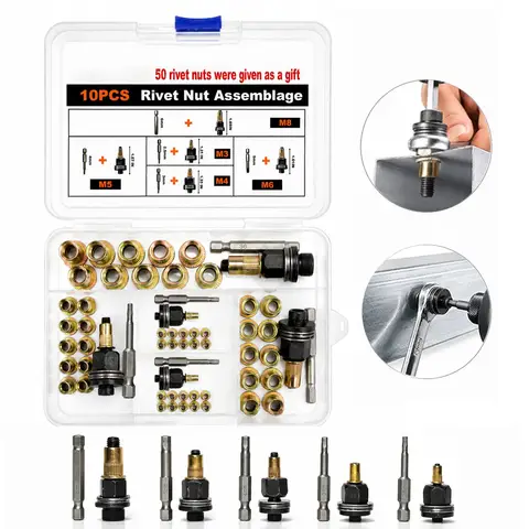 Kit de Ferramentas para Porcas Rebite de Cabeça Roscada 60 Peças M3 M4 M5 M6 M8, Conjunto de Rebites Roscados em Aço Carbono, Ferramenta Manual para Porcas Rebite