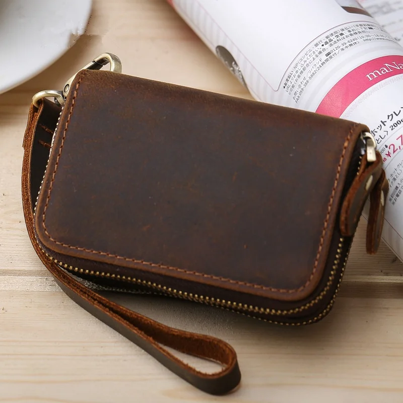 ハンドメイド-クレイジーホースレザー-キーホルダー付き財布-バケット型-ダブルジッパー-メンズ財布-ヴィンテージ-アメリカンスタイル-バケットバッグ