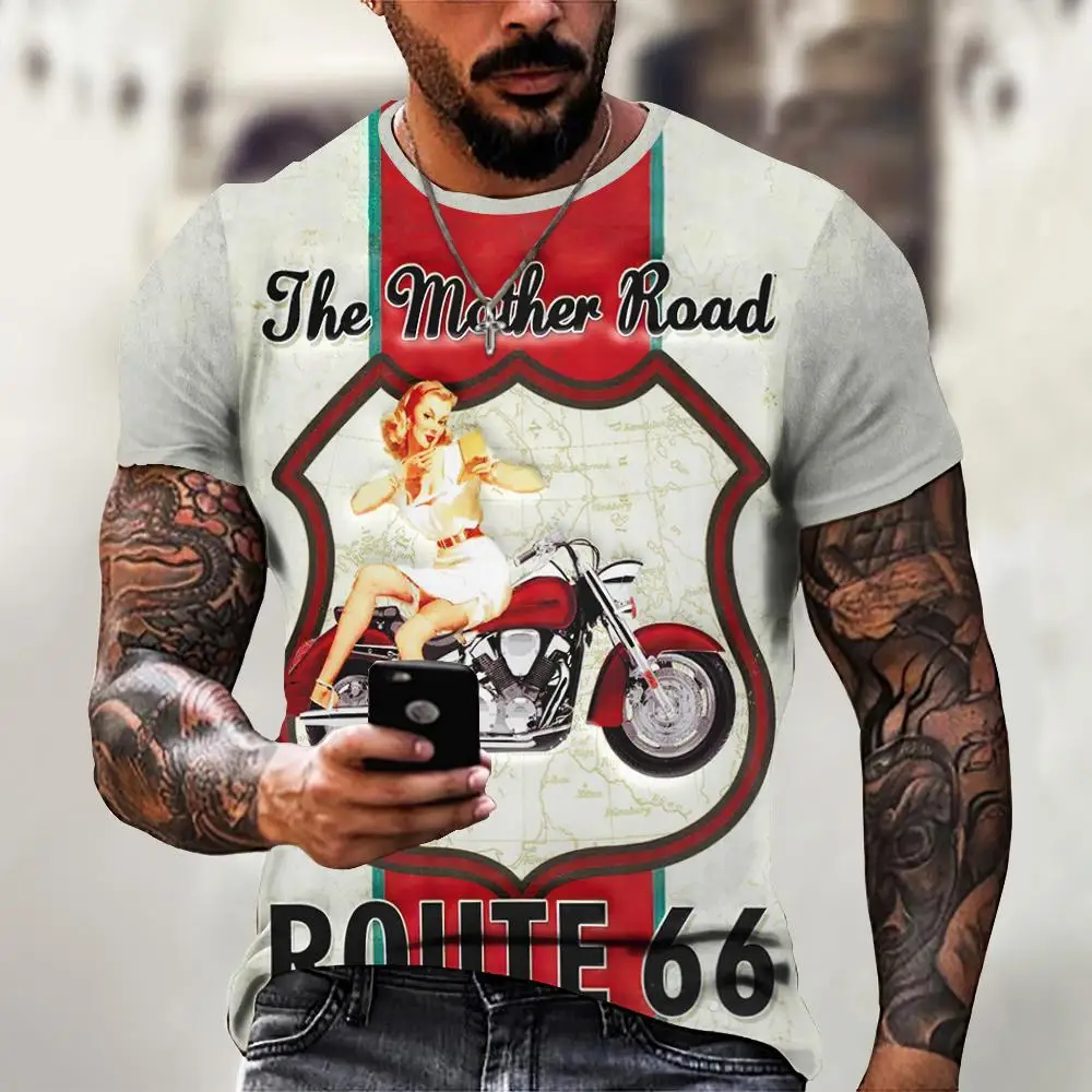 Retro Trendy Short Sleeve Men's Tshirts Route 66 Graphic Printed T-shirts For Men Pullover Oversized Men's Clothing Streetwear