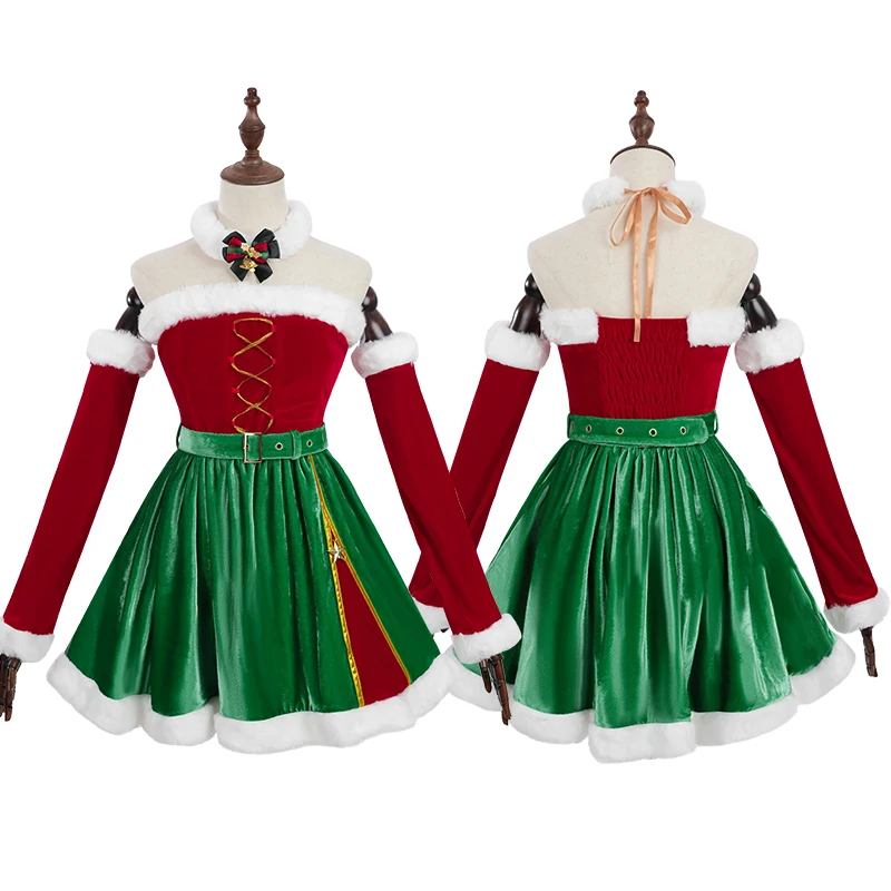 ROLECOS 2024 Sexy Christmas Dress Red Green Color Women Winter Slim Female Elf Cosplay Costume New Year Plush Evening Dress