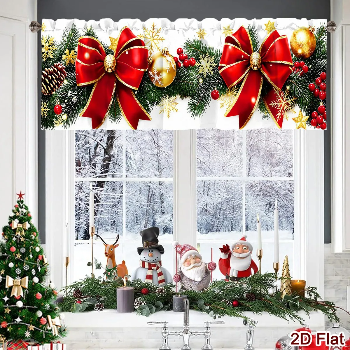 1pc Merry Christmas Short Curtain Red Bow Polyester Window Treatment Christmas Decor for Home 2026 Winter Holiday New Year Gifts