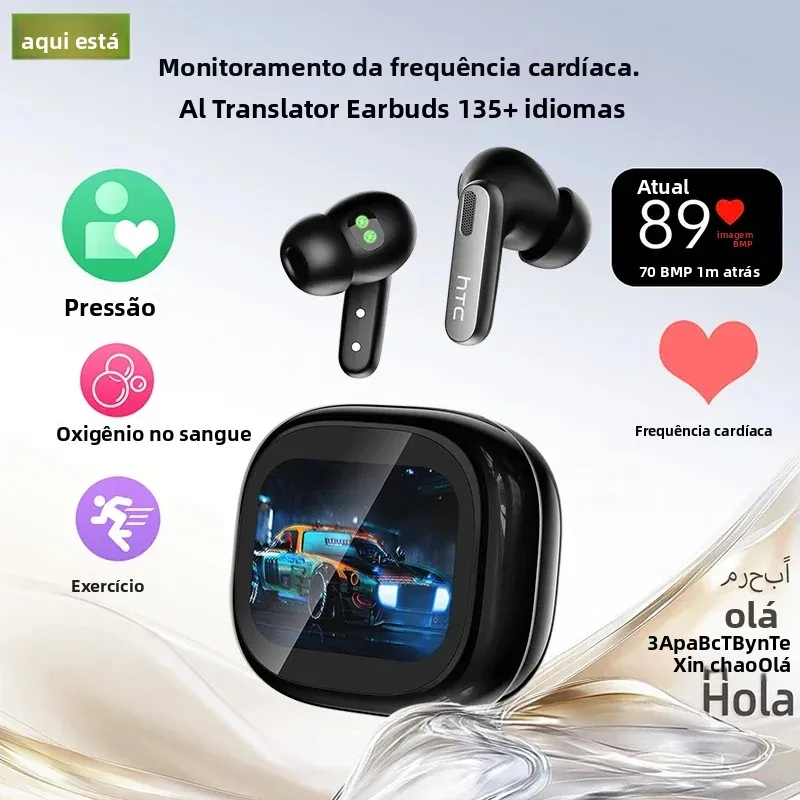 Htc ne46 esportes sem fio bluetooth fones de ouvido com monitor de freqüência cardíaca led touchscreen redução de ruído intra-auricular ai tradutor earbu