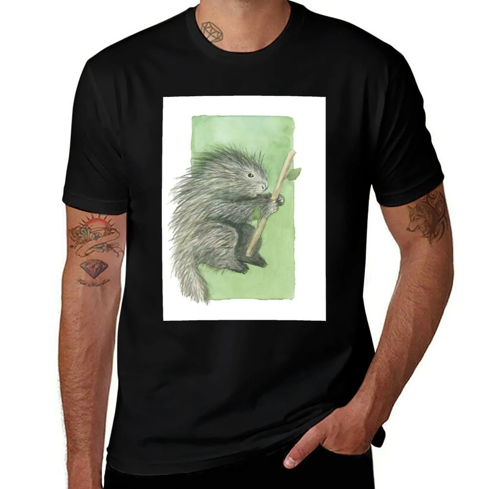 Baby porcupine with leafy stick on green background T-Shirt Casual Holiday Short Sleeve Tee T-Shirt