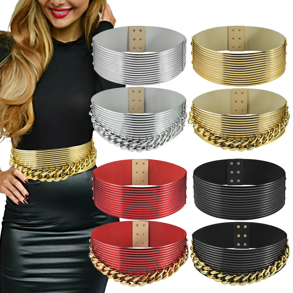 1PC Vintage Statement Belt PU Gold&Silver&Red&Black Color Leather wIth Chain Long Skirt Belt Women's Bijoux African Jewelry