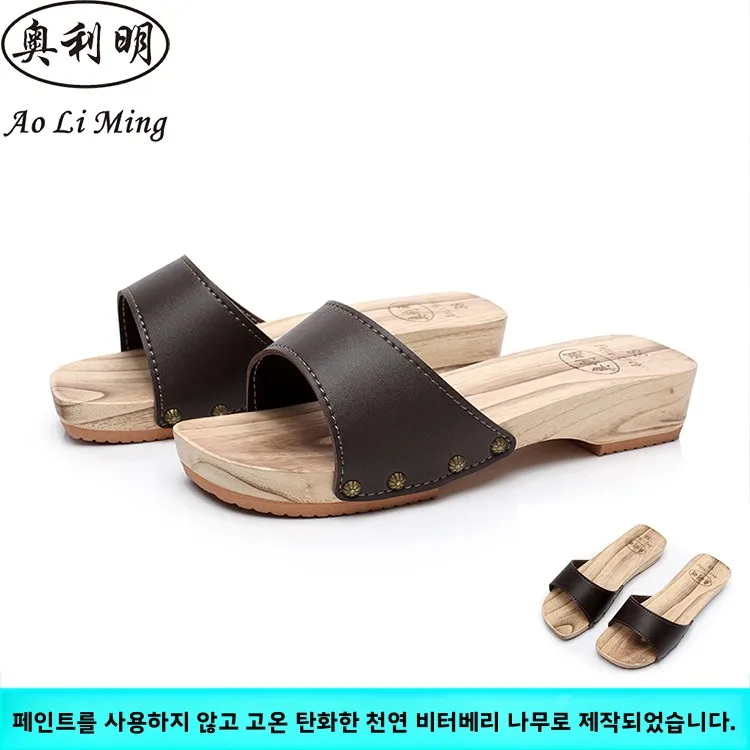 Oliming, novedad de verano, zuecos de madera, zapatillas de interior para mujer, cómodas zapatillas para el hogar, tacón medio, sin cordones, Material informal Sle PU