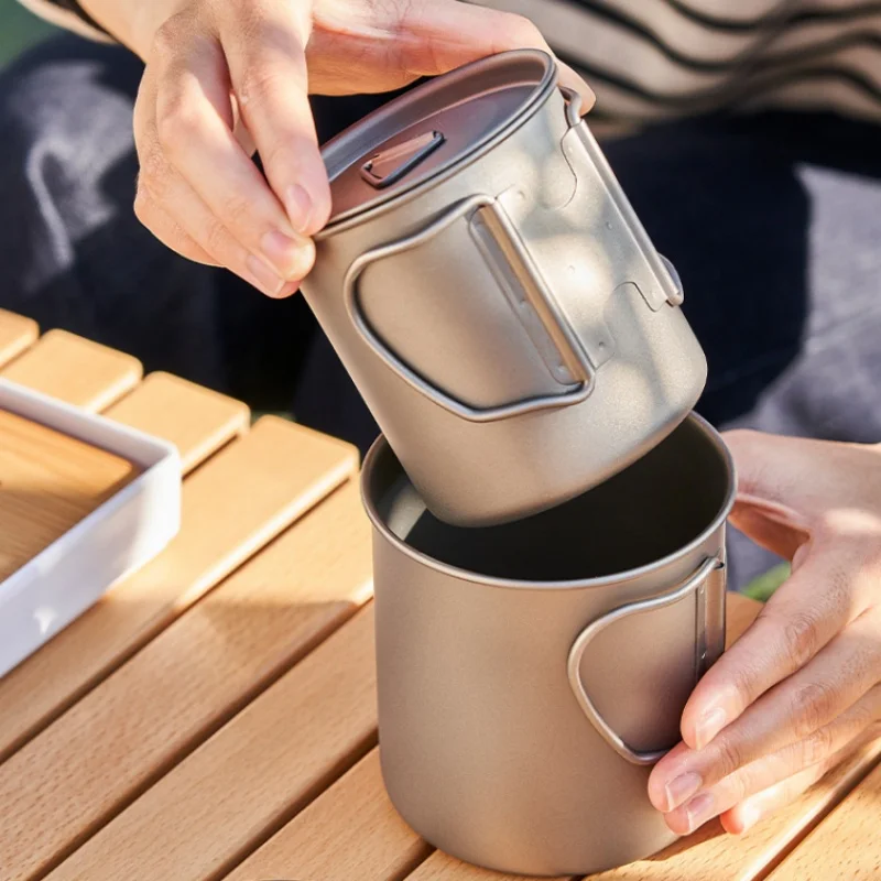 Pure Titanium Camping Mug Set, 300ml & 600ml Nesting Cups with Lids, Foldable Handles and Mesh Bag for Camping, Hiking, Travel