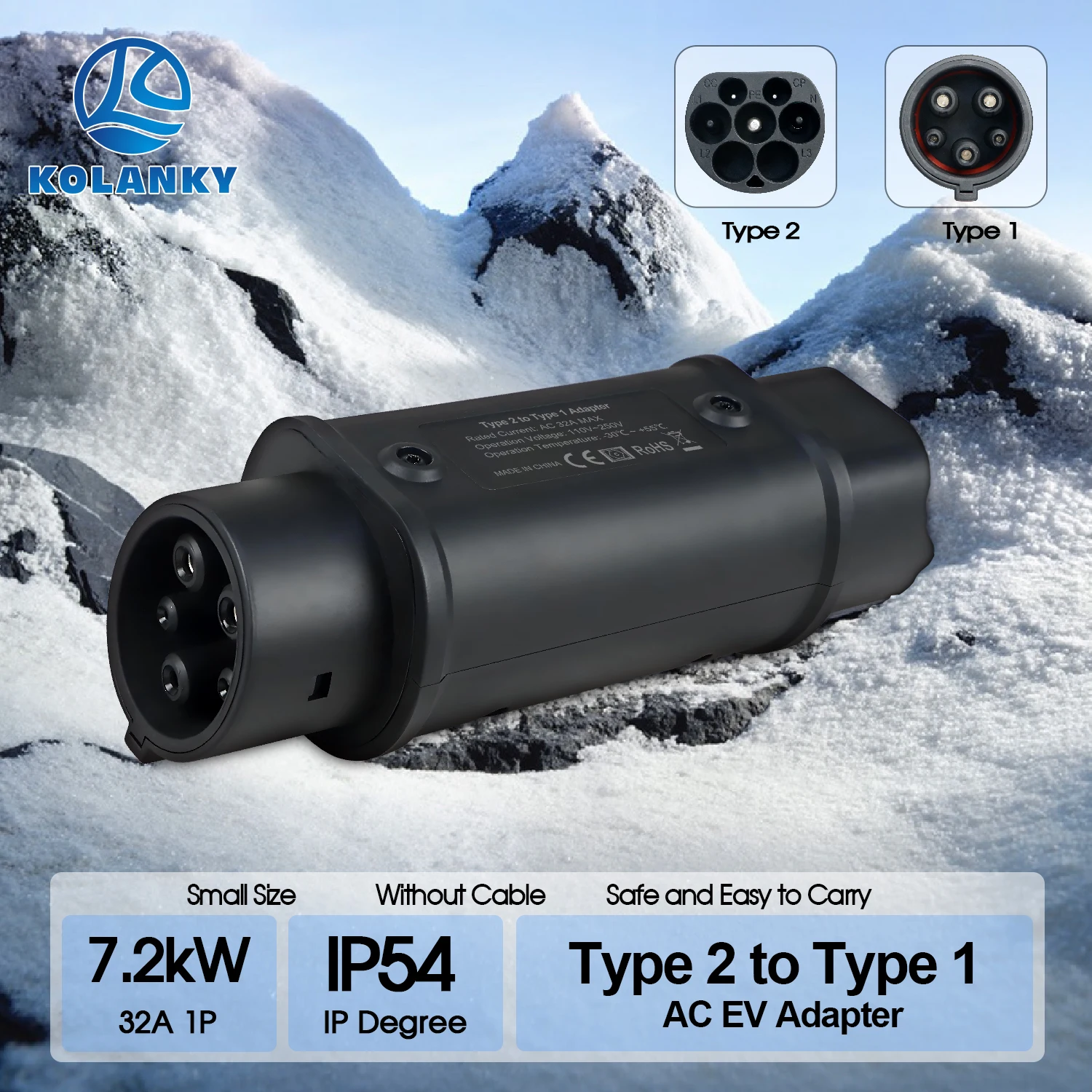 Type 2 to Type 1 EV Adapter 32A 7.2KW Portable EV Charger Connector AC Charging Converter for J1772 Type 1 Electric Vehicle IP54