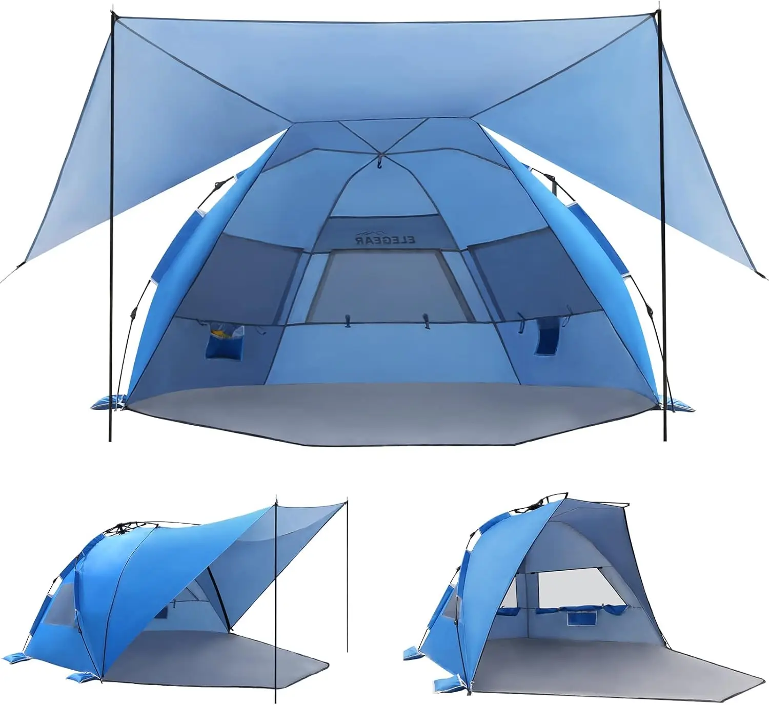 Beach tent with 360 ° detachable canopy, 4-6 person pop-up sunshade, UPF 50+automatic installation double silver coating