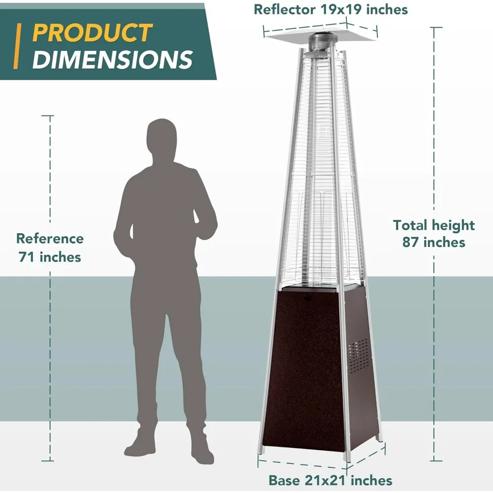 Patio Heater, 48,000 BTU Pyramid Flame Outdoor Heaters, Quartz Glass Tube Hammered Bronze Tower Propane Outdoor Heater