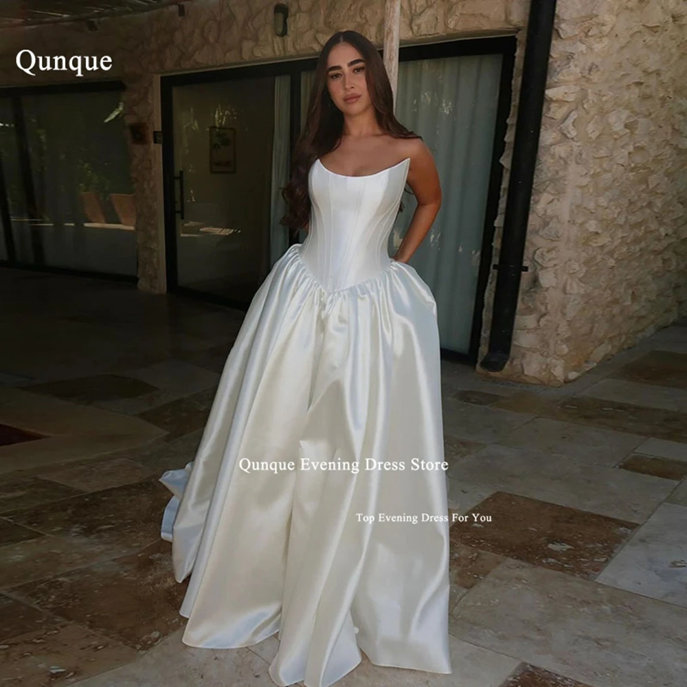 

Qunque Boho Sleeveless Satin Wedding Dress Plus Size Sheer Neck Court Train Bride Gown A-Line Back Bows Vestidos Novias Boda