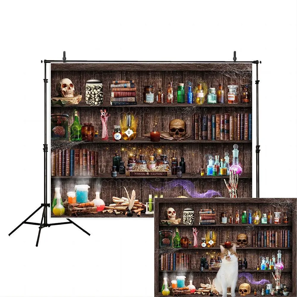 Mad Scientist Laboratory Backdrop Halloween Spooktakular Creepy Skull Poison Bookshelf Photo Background Party Decoration Banner