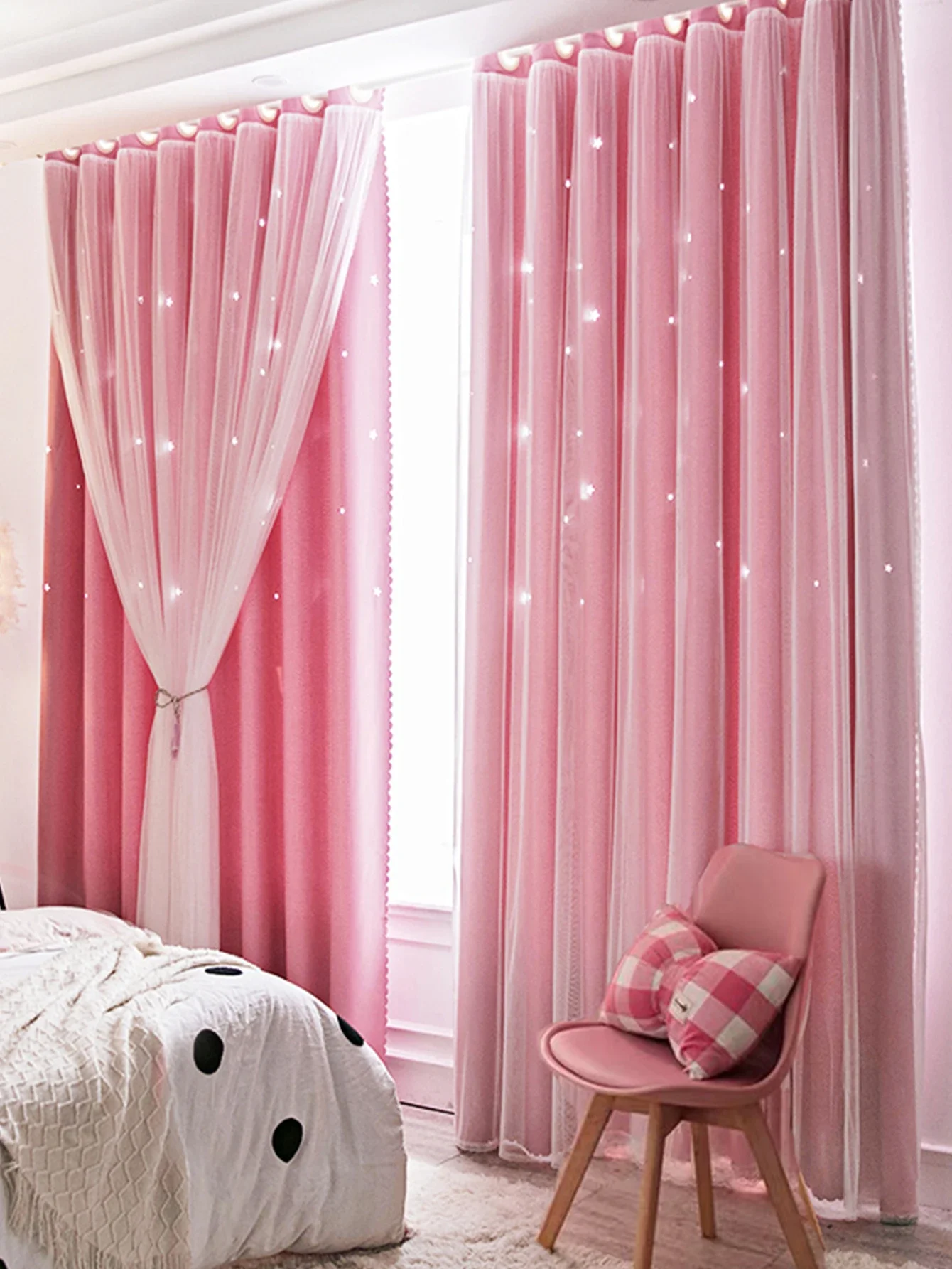 

Curtains, Blackout, Hollow Stars, Double Cloth, Gauze, Lace, Modern Bedroom, Princess Style, Nordic Simplicity