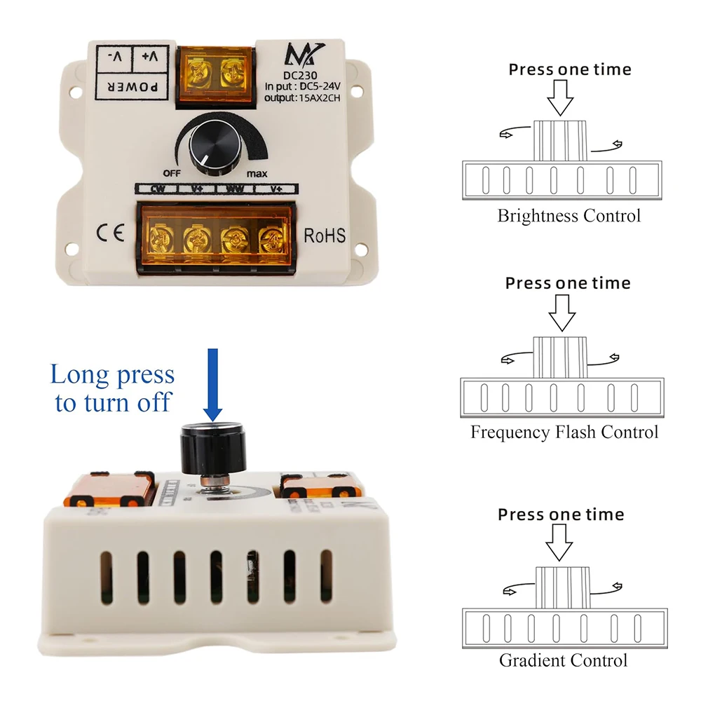 CCT LED Controller 2CH DC5-24V 30A Knob & Pushbutton PWM Adjust Color Temperature Brightness for CCT& Single color led Strip