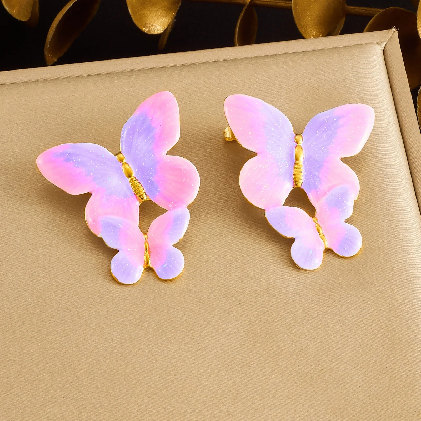 

18K Gold Two-Tier Gradient Glitter Enamel Butterfly Stud Earrings 316L Stainless Steel Women Cute Daily Jewelry
