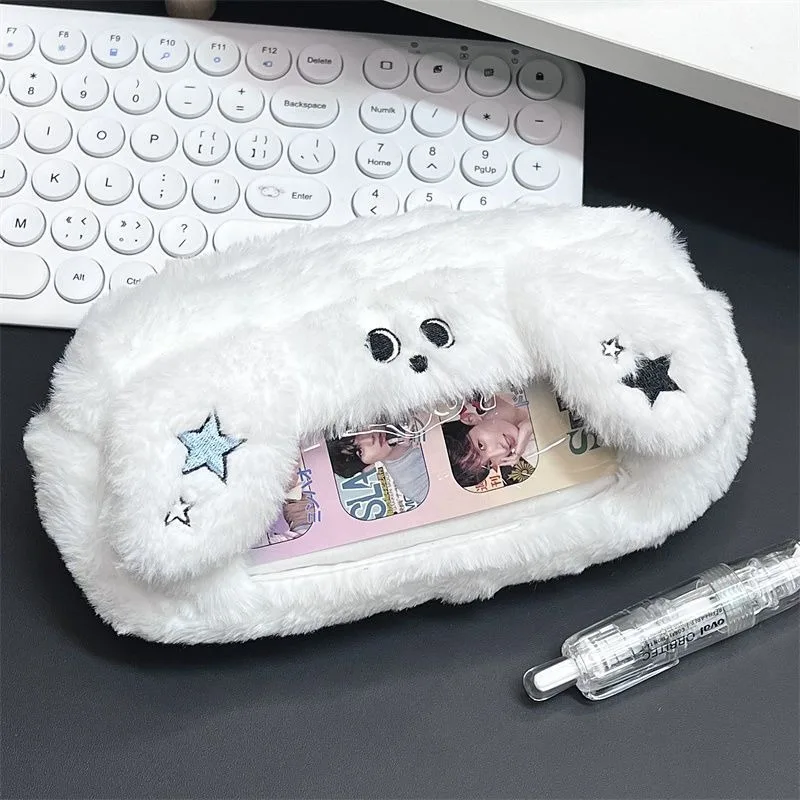 Cute Fluffy White Dog Cat Pencil Case Comfortable Transparent Window Pen Bag Girls Stationery Organizer School Supplies