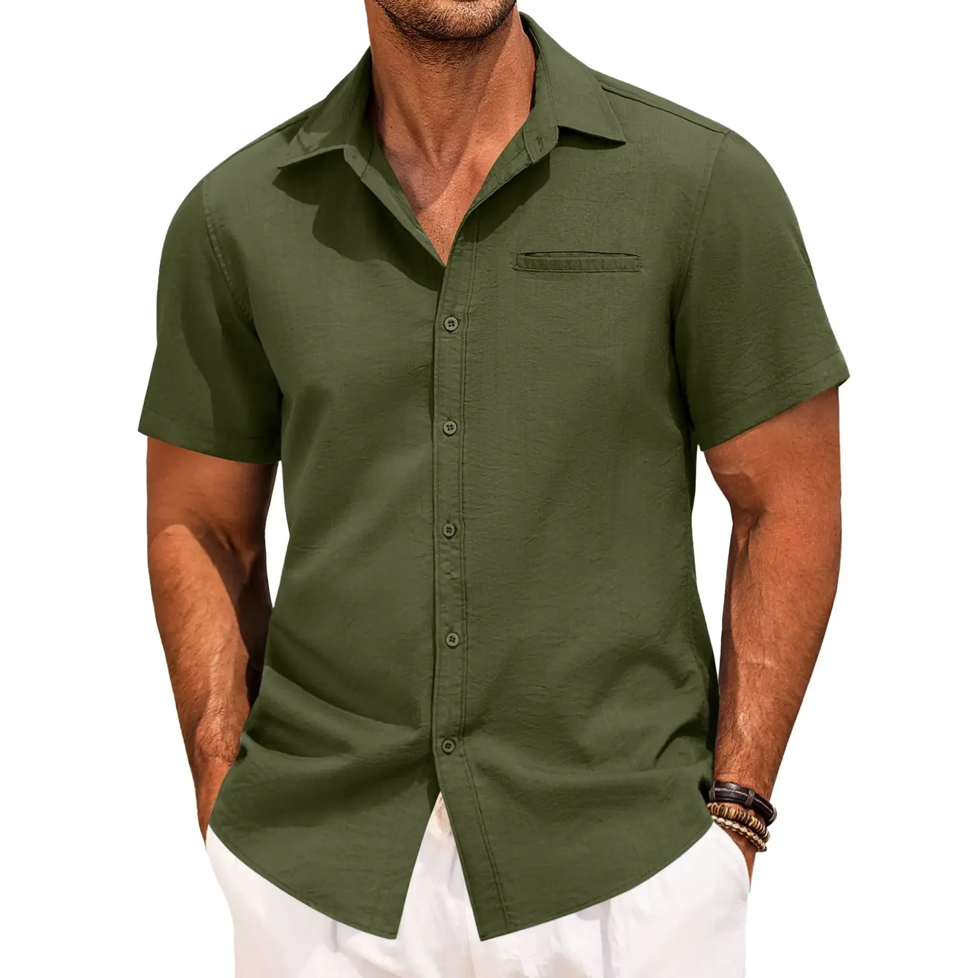 New Men's Shirt Button Short-sleeved Lapel Office Casual Top Fashion Simple Invisible Pocket Blouses