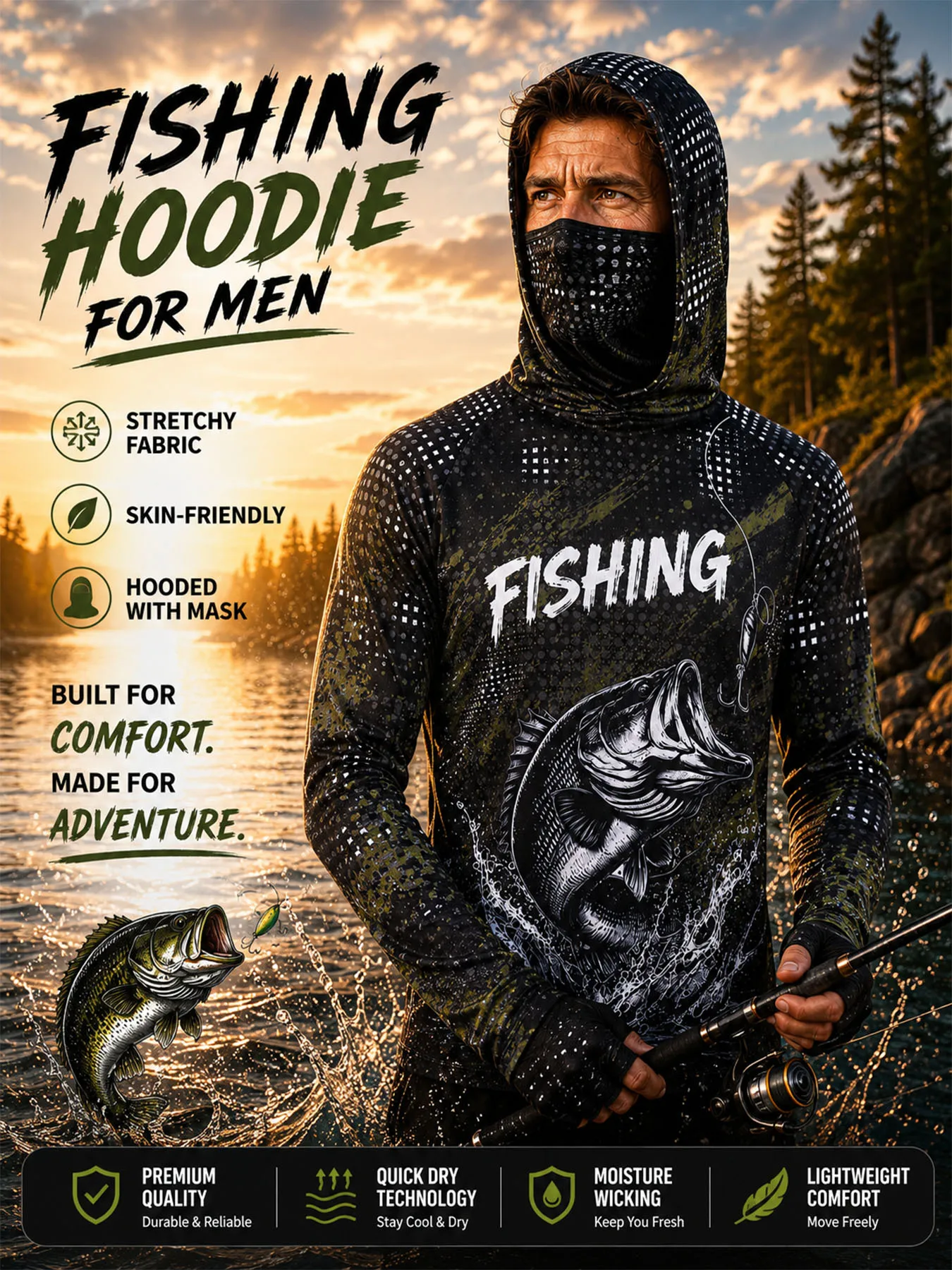 Men's UV Protection Fishing Hoodie with Face Cover Neck Gaiter Quick Dry Breathable Anti-Mosquito Sun Shirt Outdoor Lure Fishing