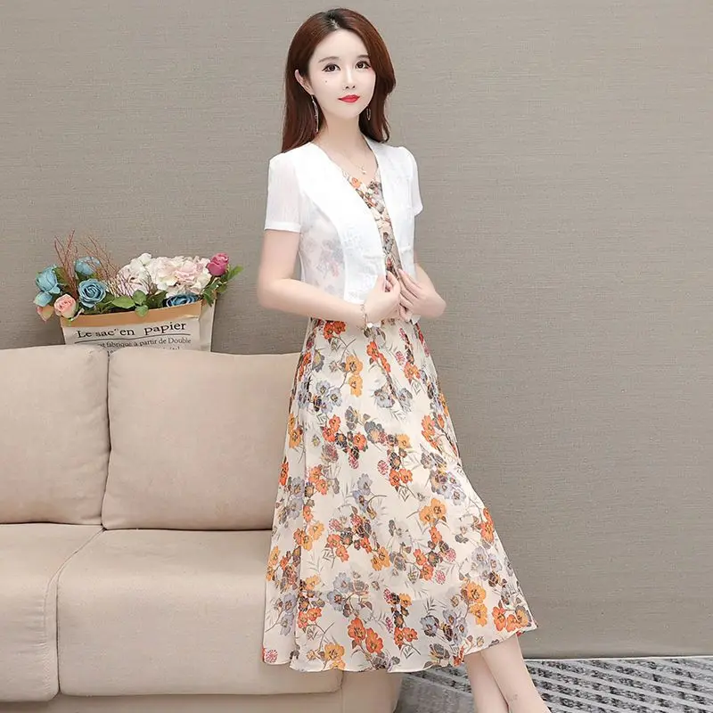 Fragmented Chiffon Dress Set Women\'s Spring/Summer 2023 New High End Fashion Age Reducing Two Piece Dress Fashion