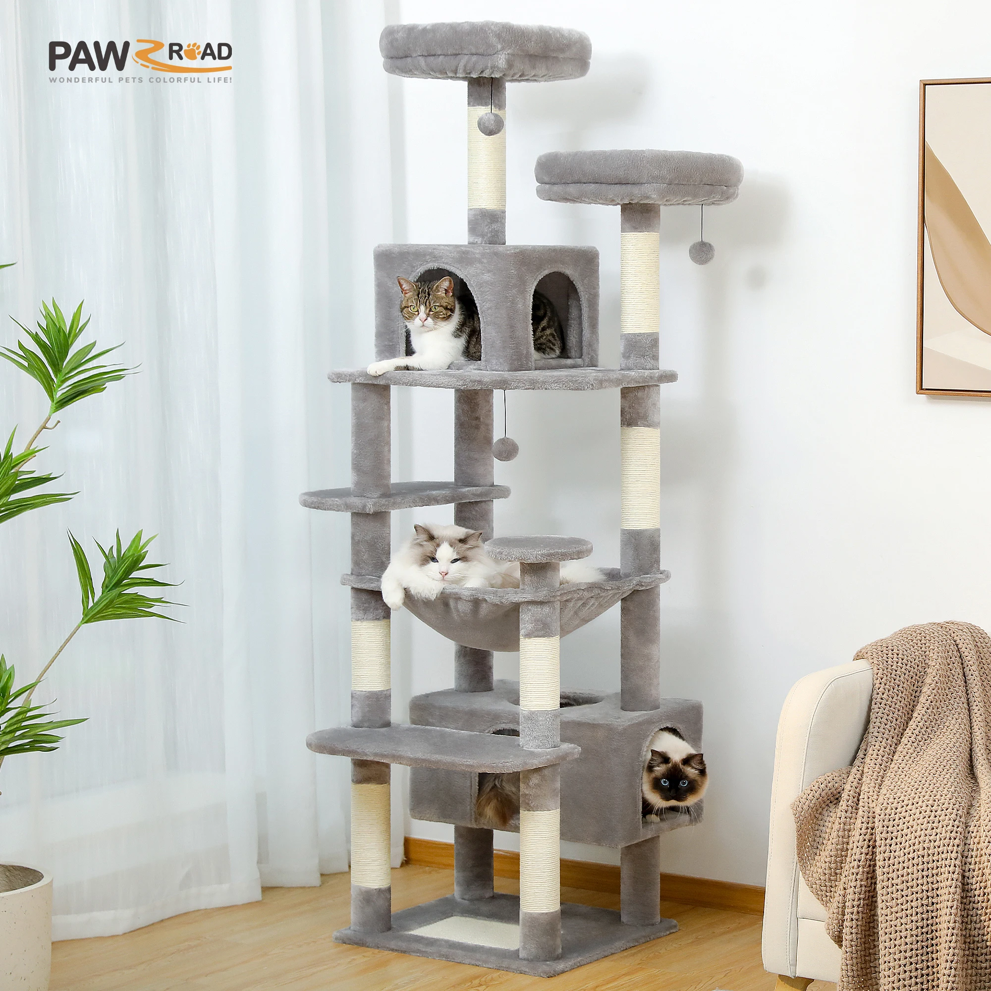 

H184cm Stable Cat Tree Tower with Spacious Hammock and Perches,Large 3-Door Cat Condo,3 Pompoms,Anti-Toppling Device for Safety