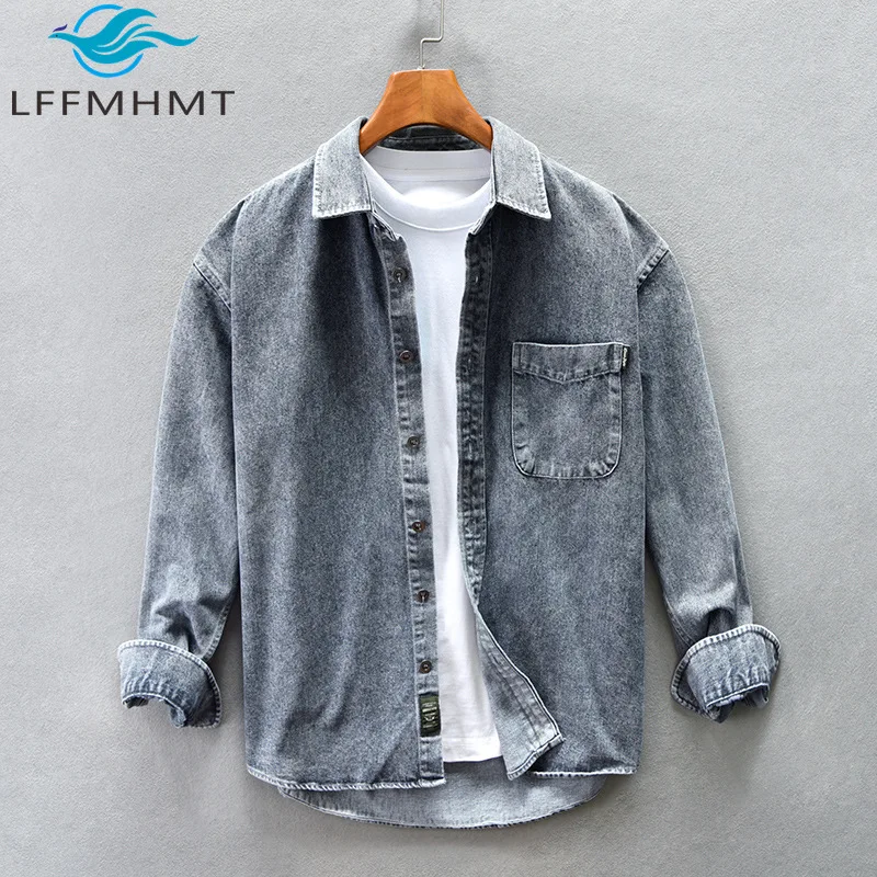 Z757 Japan Style Men's Casual Denim Shirt Spring Fall Fashion Long Sleeve Vintage Pocket Solid Color Simple Basic Coat Dailywear
