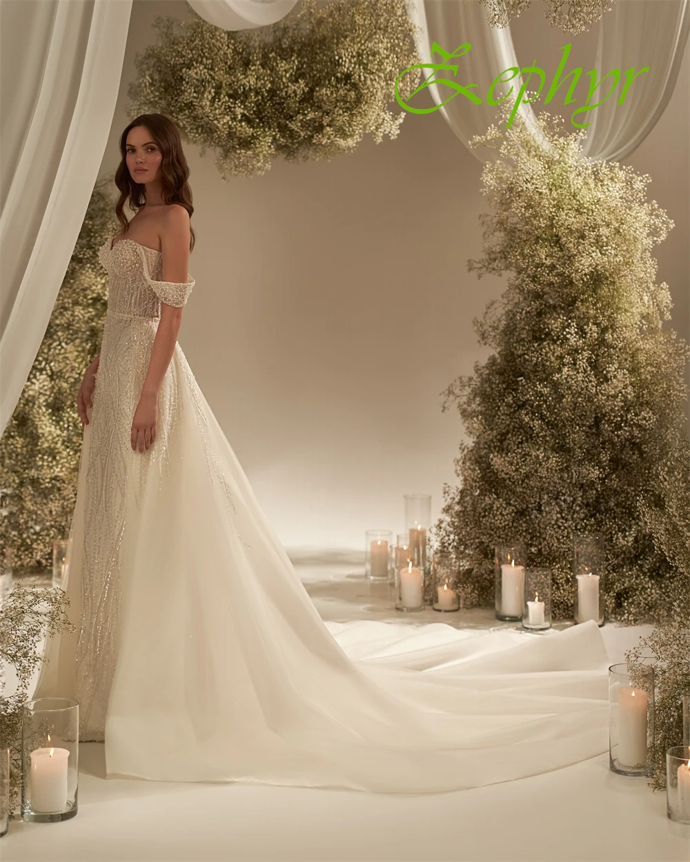 Customized Sexy Ivory Organza Wedding Dress Soft Sweetheart Off the Shoulder Bridal Gown Boho Mermaid Chapel Train Bridal Party